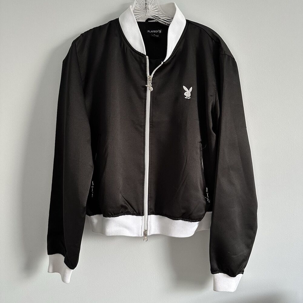VINTAGE Playboy Y2K 90’s Black & White Bomber Jacket Pockets  Medium
